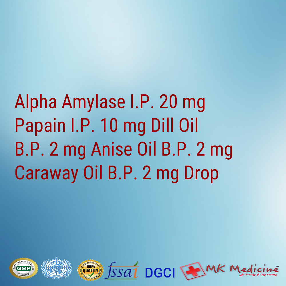 Alpha Amylase I.P. 20 mg Papain I.P. 10 mg Dill Oil B.P. 2 mg Anise Oil B.P. 2 mg  Caraway Oil B.P. 2 mg Drop