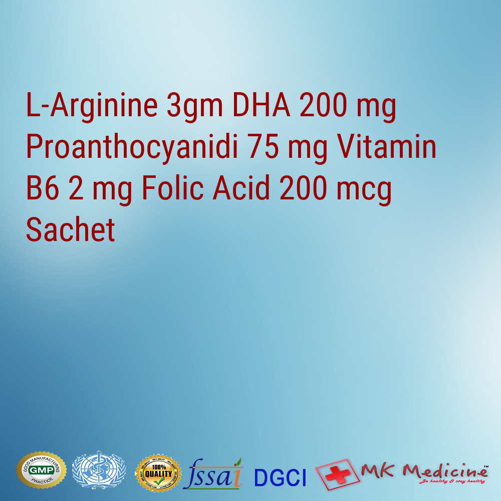 L-Arginine 3gm DHA 200 mg Proanthocyanidi 75 mg Vitamin B6 2 mg Folic Acid 200 mcg Sachet